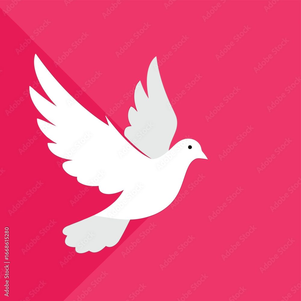 Fototapeta premium Vector illustration of white dove flying against a pink background with shadow effect