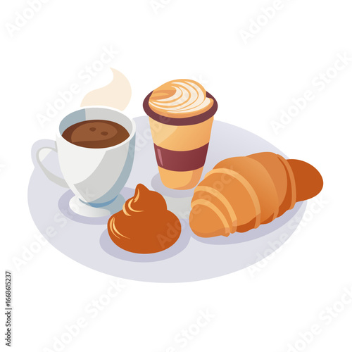 Delicious breakfast with coffee, croissant, and pastry, perfect for a cafe or restaurant menu