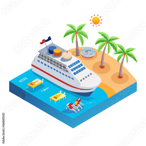 Isometric cruise ship on a tropical island with palm trees, sun, and beach chairs, perfect for summer vacation