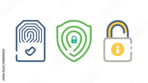Fingerprint scan, security shield, and unlocked padlock icons representing access, protection, and identification