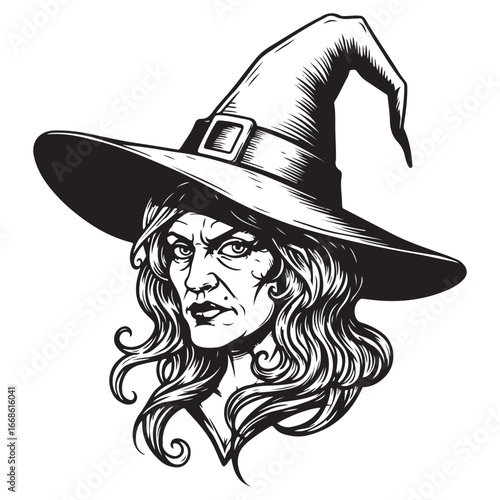 Vintage Witch Portrait with Pointed Hat and Flowing Hair
