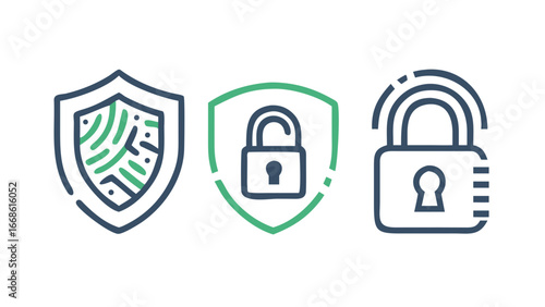 Security shield, unlocked padlock, and lock icons representing access, protection, and cybersecurity