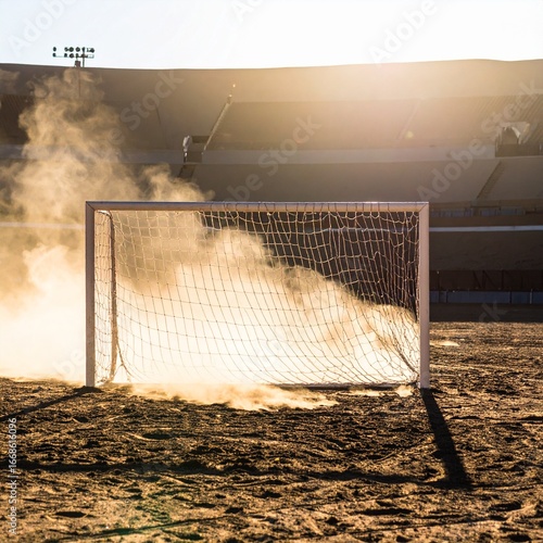 Eerie Soccer Goal Net Illuminated by Mysterious Light Through Smoke