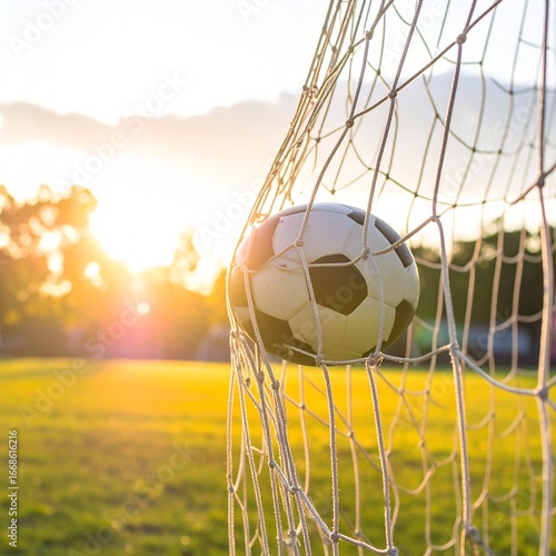 Soccer Ball Rushes into Net After Winning Goal in Stadium