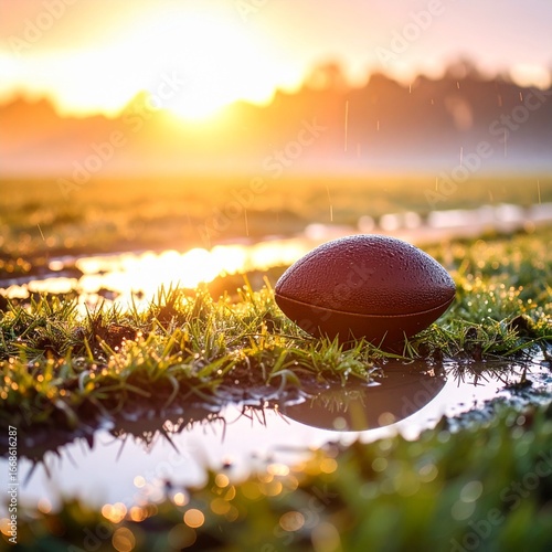 Sunrise view: soccer ball caught in the back of the net, wet from morning dew or rain