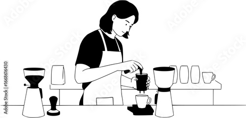a barista skillfully brewing coffee against a white background in a minimalist cafe setting