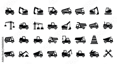 Collection of various construction vehicles and equipment in black silhouette