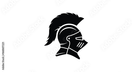 Black silhouette of a knight s helmet with a mohawk on a white background