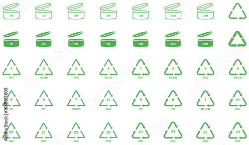 Recycle bin and recycling symbol icon set for waste management and eco awareness. Recycle bin and recycling symbol icon set. Waste management recycling icons collection. recycle, vector, icon 