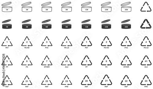 Recycling bin and recycling symbol icon set showing open and closed waste bins with triangle recycle signs. Clean icons for waste sorting, recycling instructions, disposal systems.  recycle, icons