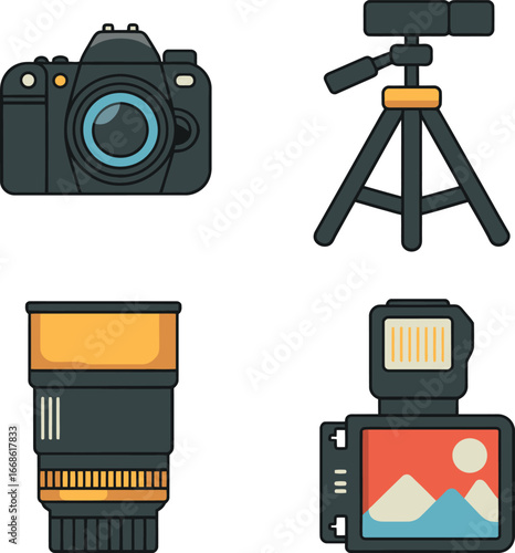 Photography Equipment Icons DSLR Camera Tripod Lens Flash  Design