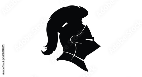Black silhouette of a female knight in armor with ponytailed hair