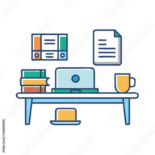 A modern desk setup with a laptop, books, and documents, ideal for illustrating a productive workspace