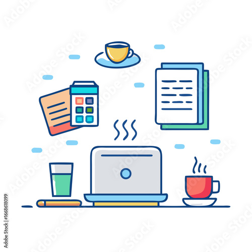 Laptop, coffee, and documents on a desk, perfect for illustrating a modern and productive workspace setup