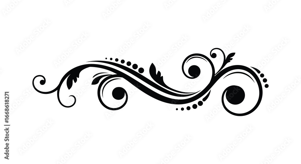 A black swirly floral design element on a white background silhouette