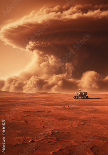 Martian landscape with a massive dust storm, showcasing a rover amidst the red terrain.