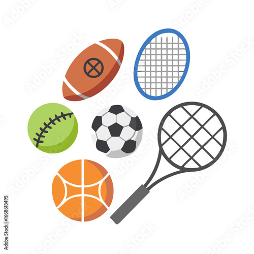 Collection of sport balls and tennis rackets, perfect for sport enthusiasts and athletes