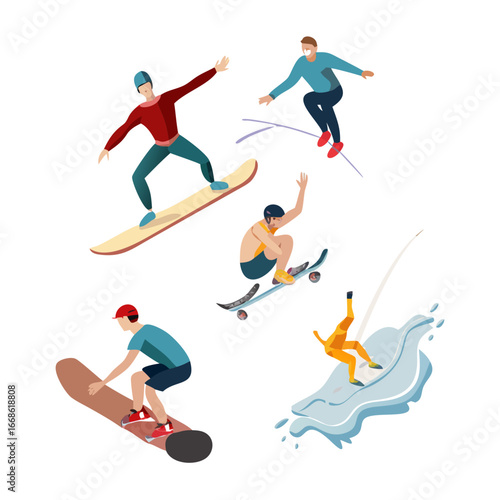 Isometric illustration of people doing extreme sports, including snowboarding, skateboarding, surfing, and wakeboarding