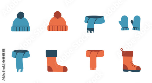 Winter clothing accessories in blue and orange colors silhouette