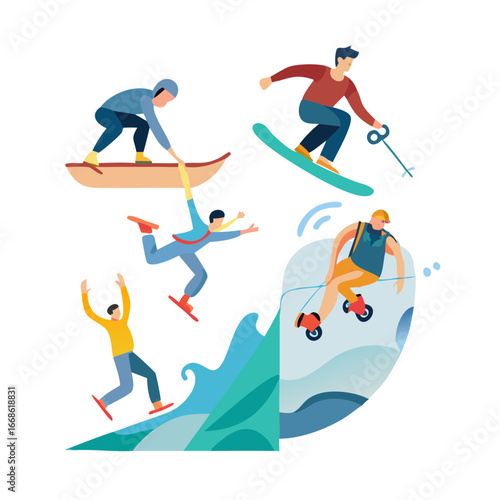 Isometric illustration of people doing extreme sports, including snowboarding, surfing, and wakeboarding