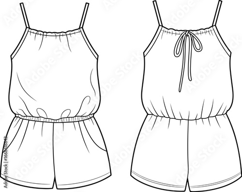 Fashion flat sketch of women’s casual romper jumpsuit with spaghetti straps and elastic waist, front and back vector apparel design template.