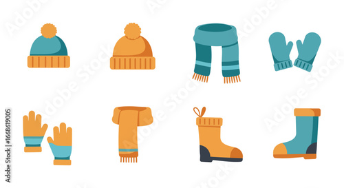 Winter clothing and accessories in orange and blue colors silhouette