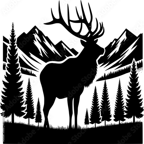 Silhouette of Majestic Elk in Wilderness: A striking black and white silhouette of a regal elk stands proudly amidst a backdrop of towering mountains and serene evergreen trees.