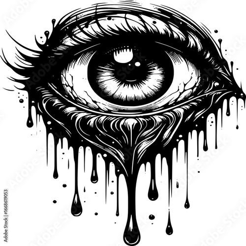 Melancholy in Sight: A captivating monochrome depiction of an eye with teardrops, expressing raw emotion in a stark, yet evocative composition.