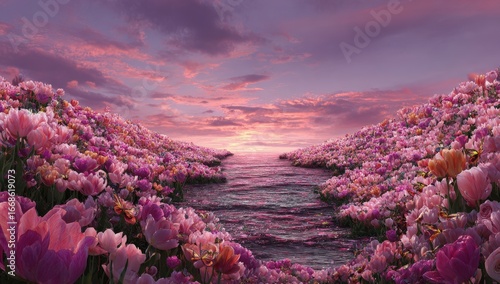 Fototapeta Naklejka Na Ścianę i Meble -  A breathtaking, digitally enhanced landscape of vibrant pink tulips filling the foreground and background, bordering a serene waterway leading to a sunset