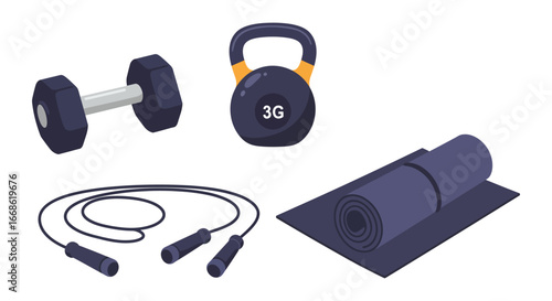 Home workout equipment including dumbbell kettlebell yoga mat and jump rope silhouette