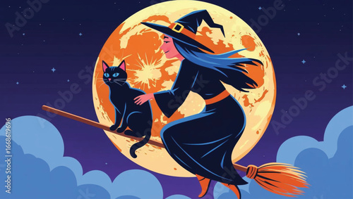Witch Silhouette on Broomstick – Full Moon Halloween Illustration