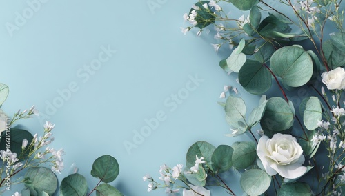 Pastel floral border on light blue background
