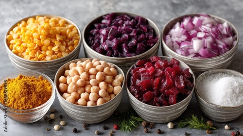 Colorful Bowls of Chopped Vegetables and Grains Ready for Cooking