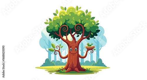 Happy cartoon tree with bird nest and smiling face in sunny forest scene, for kids