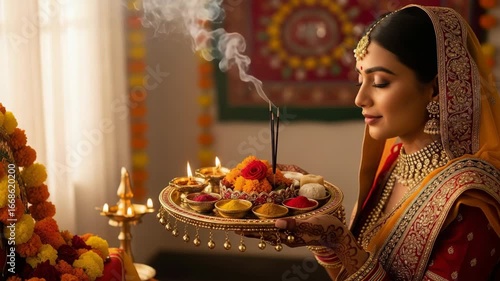 Hartalika Teej Celebration Woman in Traditional Attire Performing Puja Ritual with Incense and Diyas