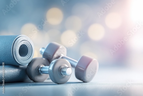 Workout accessories on a light blue surface