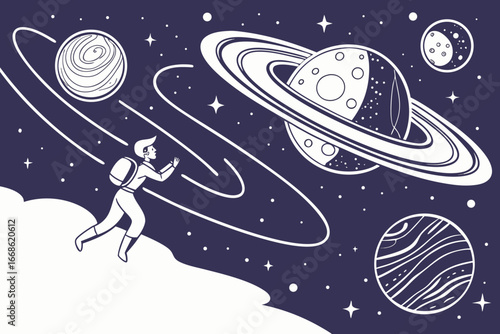 Astronaut Exploring Outer Space with Planets and Stars exploration universe