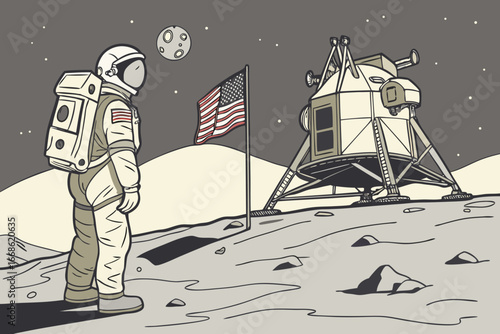 Astronaut standing on the moon next to a lunar module and American flag space exploration
