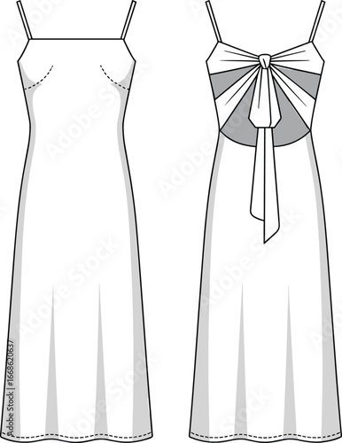 Fashion flat sketch of women’s sleeveless maxi dress with back bow tie detail, technical drawing, vector template for apparel design illustration.