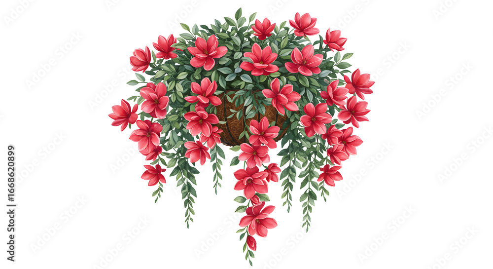 Fototapeta premium Decorative flower arrangement with pink blossoms in a basket, suitable for home decor, garden, or floral design projects - Isolated White Background