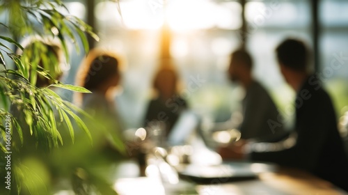 Green foliage framing blurred business professionals collaborating in sunlit modern office, leafy edges softening corporate meeting environment