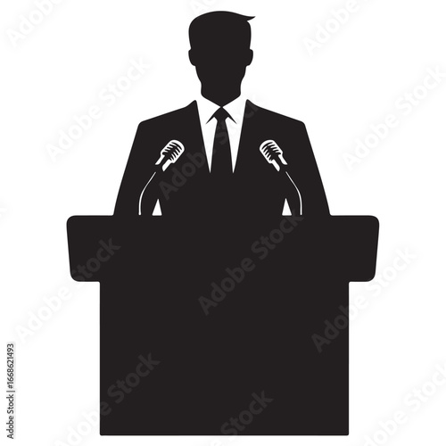Silhouette of a Man Speaking at a Podium Giving Speech on a White Background 