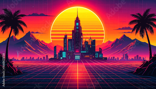 Retro futuristic sunset city. Neon city skyline at sunset. Synthwave tropical landscape. Vaporwave futuristic skyline. Neon retro beach sunset. Futuristic neon horizon city. Cyberpunk tropical sunset