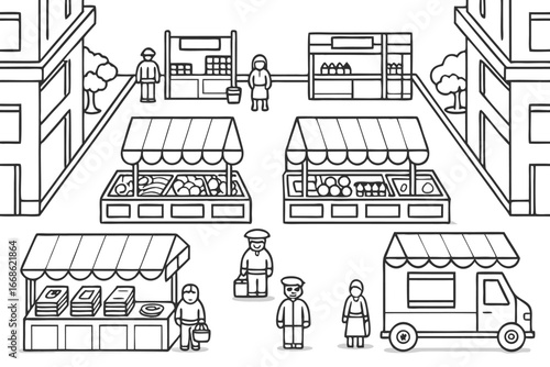 Outdoor market scene with stalls, vendors, and customers in a simple line drawing street market bazaar