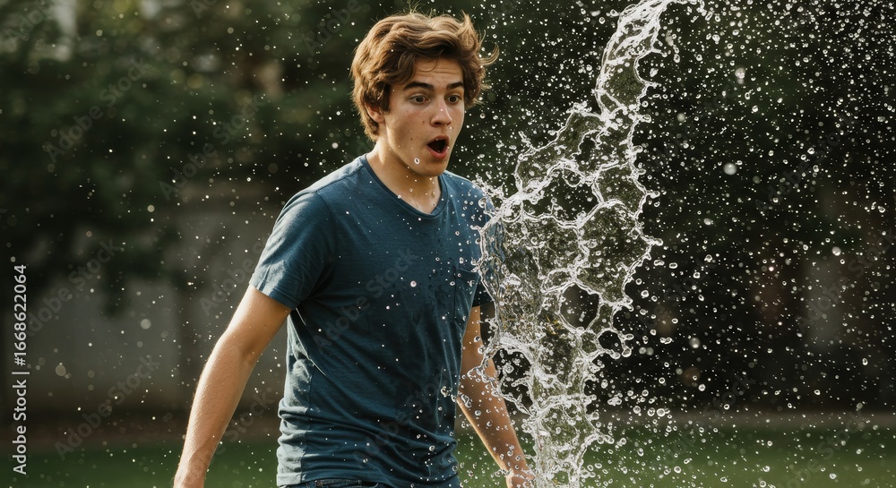 Fototapeta premium Surprised young man hit by water splash in outdoor summer freshness