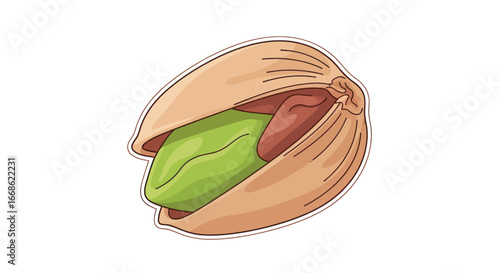 Close up of a pistachio nut with green kernel and shell.