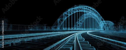 Cyberpunk-style rendering of a bridge over railway tracks, in shades of blue