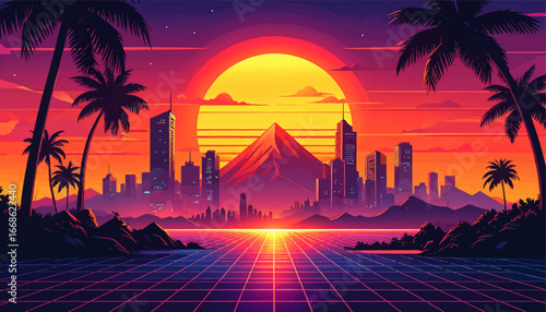 Neon Sunset Cityscape. Retro Synthwave Skyline. Futuristic Neon Paradise. Cyberpunk Sunset Glow. Miami Retro Vibes. Neon Palm Horizon. Vaporwave Dream City. Neon Grid Sunset. Retro Future Landscape
