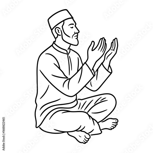 Line Art Muslim Man Praying in Sitting Position Islamic Worship Illustration