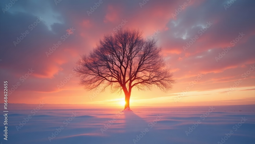 Fototapeta premium A lone, leafless tree stands silhouetted against a vibrant winter sunrise, casting a shadow across the snow-covered landscape.